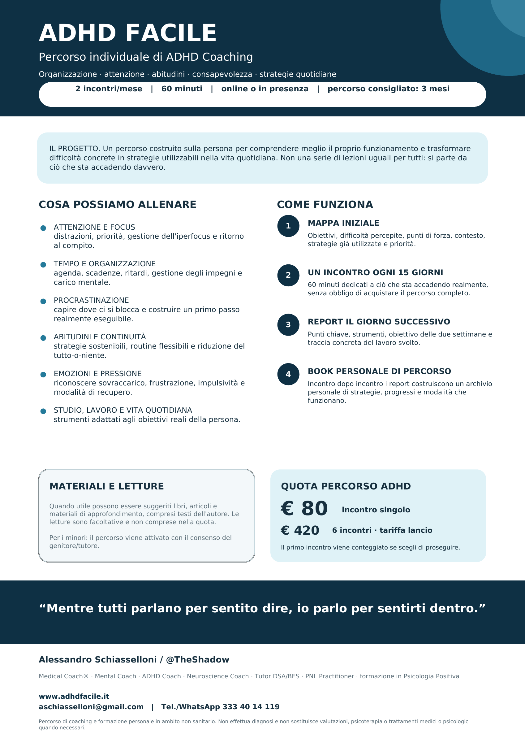 ADHD Facile – Percorso individuale di ADHD Coaching: organizzazione, attenzione, abitudini e strategie quotidiane. Dettagli e quote riportati anche sotto l’immagine.