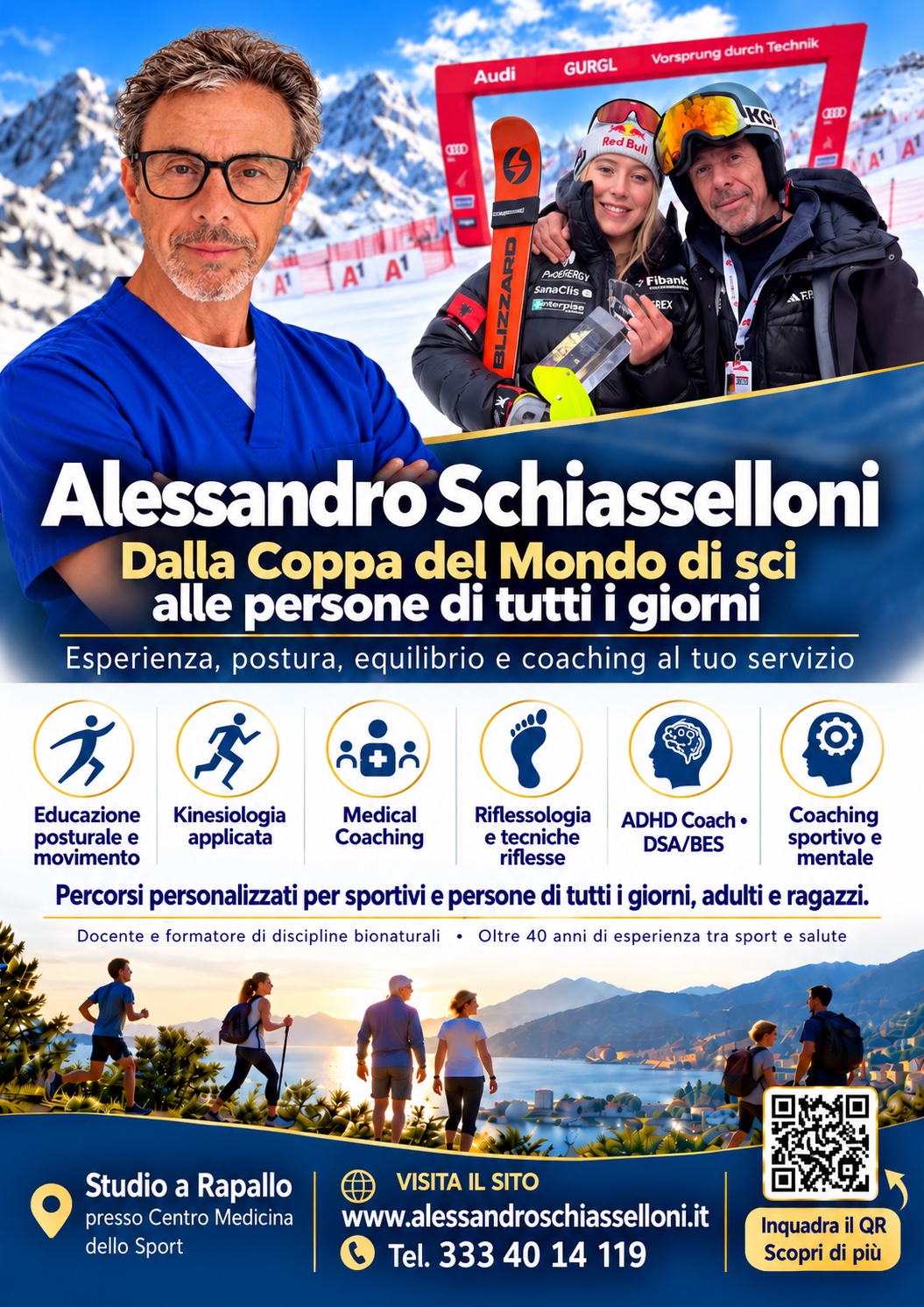 Poster professionale 2026 di Alessandro Schiasselloni: esperienza in Coppa del Mondo e sei aree tra sport, movimento, benessere e coaching